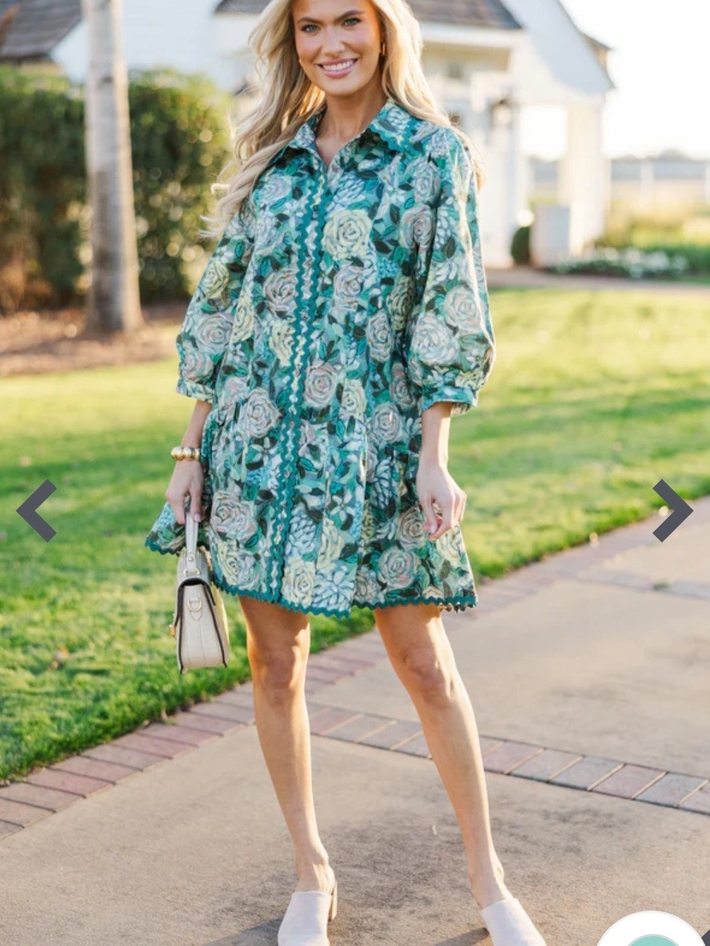 Entro Teal Green Floral Ric-Rac Scallop Mini Dress Cotton Pockets Size M - Picture 8 of 10